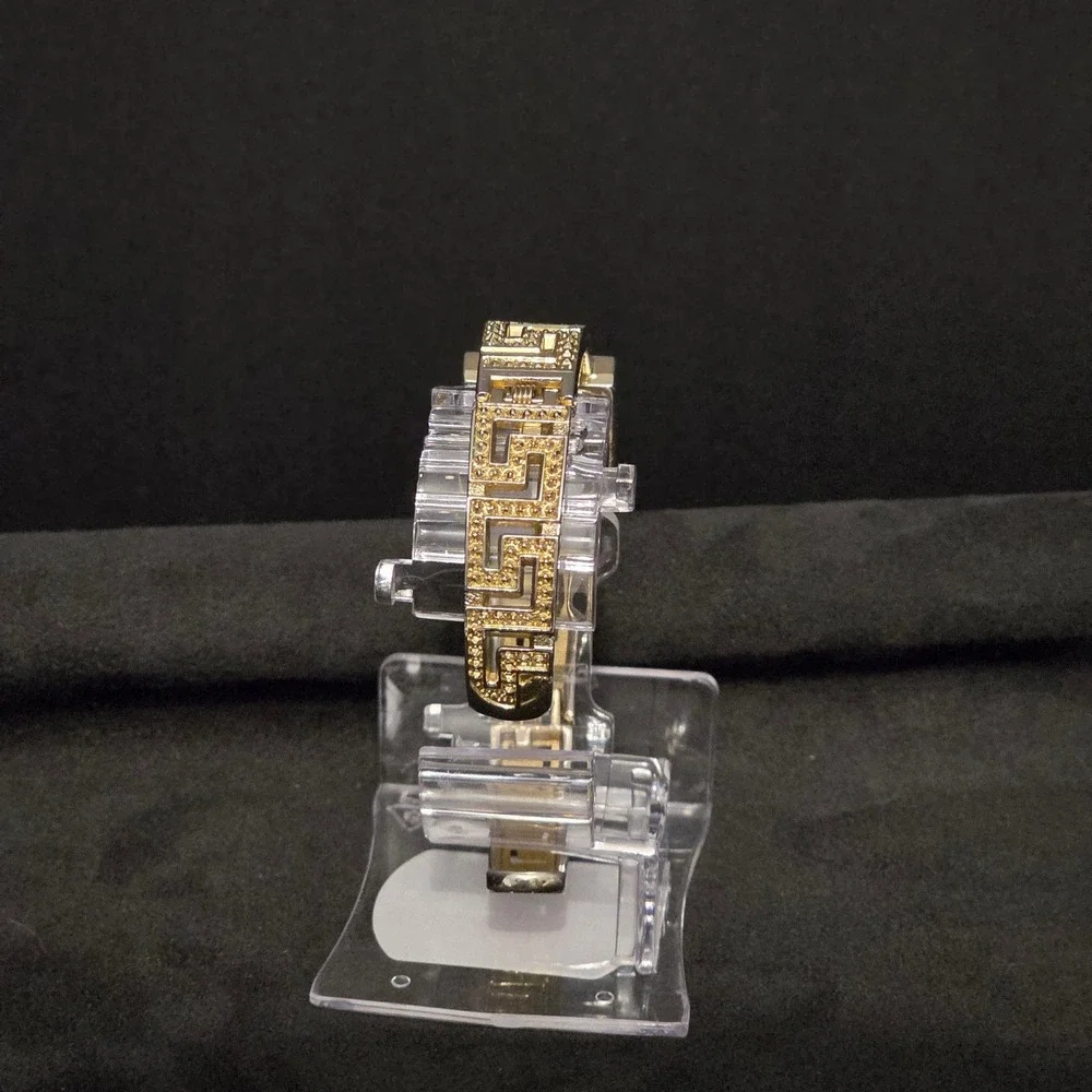 Geneva Bangle Watch Womens OS Gold Tone Greek Key Rhinestone Dress